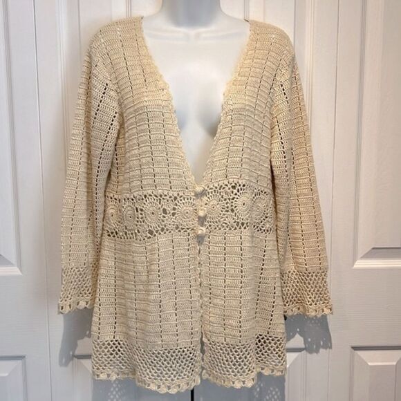 Nine West Sweaters - Nine West Linen Blend Cream Crocheted 3/4 Sleeve Cardigan Size M